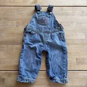 OshKosh B'gosh Overalls Vestbak Sz 9 M Girls Bib Floral Flower Blue Embroidered